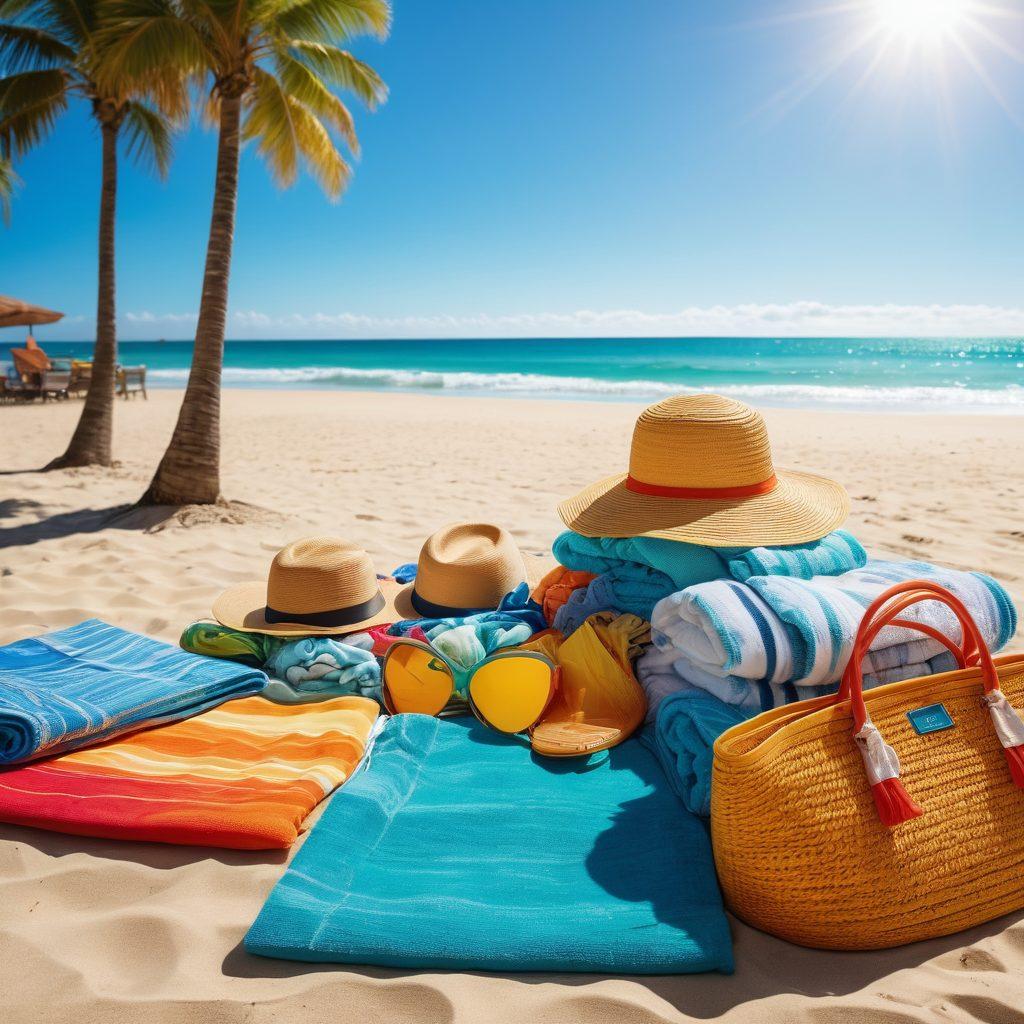 A vibrant beach scene featuring a diverse group of people flaunting colorful swimwear and trendy beach accessories, including large sun hats, stylish sunglasses, and beach bags overflowing with towels. The setting should include a bright blue ocean, golden sand, and palm trees swaying in the breeze, conveying a sense of summer fun and relaxation. Include elements like beach umbrellas and surfboards to enhance the beach vibe. super-realistic. vibrant colors. sunny atmosphere.