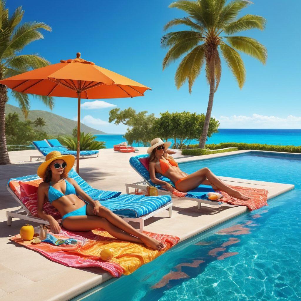A stylish scene showcasing a vibrant poolside filled with sunbathers in trendy swimwear, seamlessly transitioning to a picturesque beachfront with gentle waves and palm trees. Include colorful beach towels, umbrellas, and fashion accessories like sunglasses and hats. Capture the essence of summer with bright sunlight and a clear blue sky. super-realistic. vibrant colors.